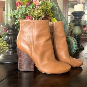 Tory Burch block heel ankle boots in cognac brown; calfskin leather; size 6.5.